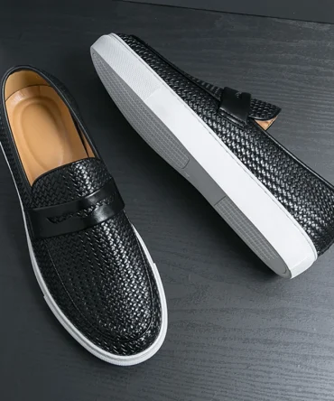 Fashion Slip On Loafers Men Shoes Board Soft Casual Leather Shoes Men Sneakers Party Weave Pattern Shoes