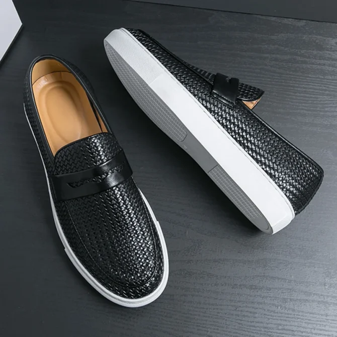 Fashion Slip On Loafers Men Shoes Board Soft Casual Leather Shoes Men Sneakers Party Weave Pattern Shoes