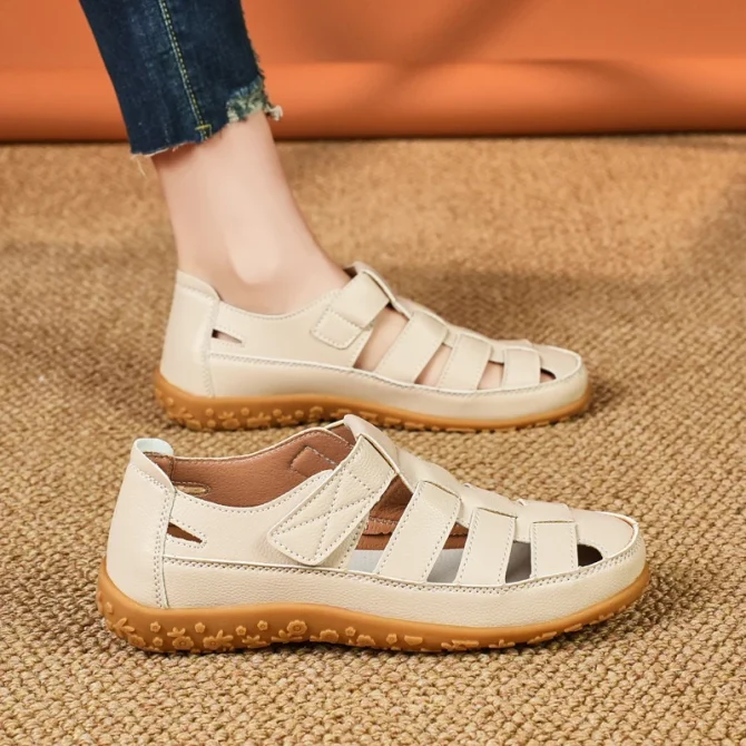 Plus Size Summer Women Sandals Solid Color Light Open-Toe Breathable Flats Non-Slip Soft Leather Walking - Image 3