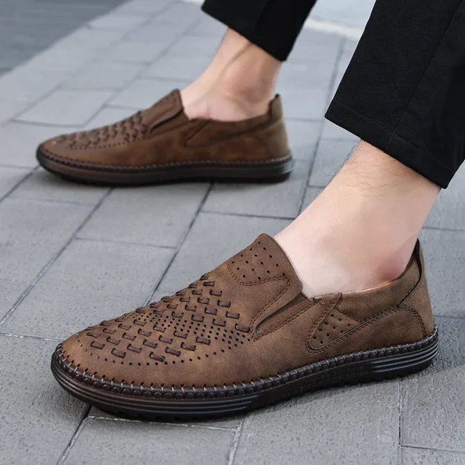 Handmade Leather Men Shoes Design Fashion Sneakers Slip On Loafers Summer Mesh Breathable Casual Shoes Men Driving Flat - Image 4