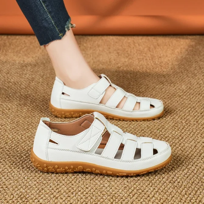Plus Size Summer Women Sandals Solid Color Light Open-Toe Breathable Flats Non-Slip Soft Leather Walking - Image 6