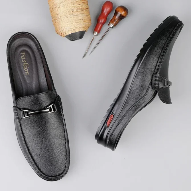 Hot Sale Mens Casual Muller Shoes Business Leather Men Half Slippers Summer Breathable Half Drag Slip-on Lazy Loafers Moccasins