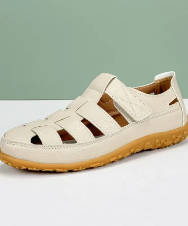 Plus Size Summer Women Sandals Solid Color Light Open-Toe Breathable Flats Non-Slip Soft Leather Walking