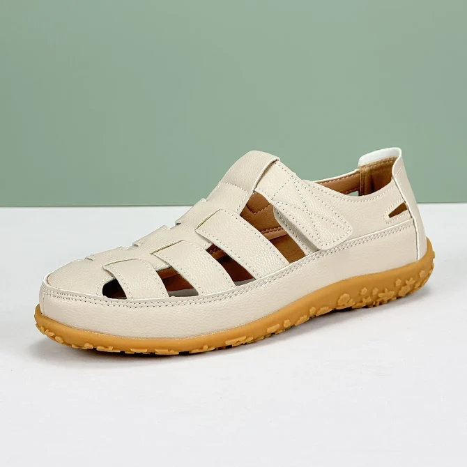 Plus Size Summer Women Sandals Solid Color Light Open-Toe Breathable Flats Non-Slip Soft Leather Walking
