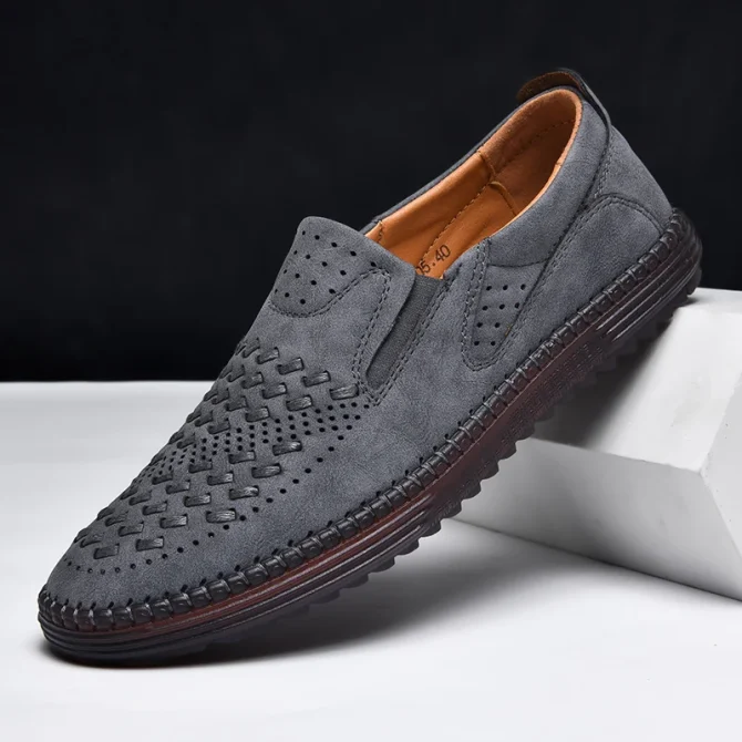Handmade Leather Men Shoes Design Fashion Sneakers Slip On Loafers Summer Mesh Breathable Casual Shoes Men Driving Flat - Image 2