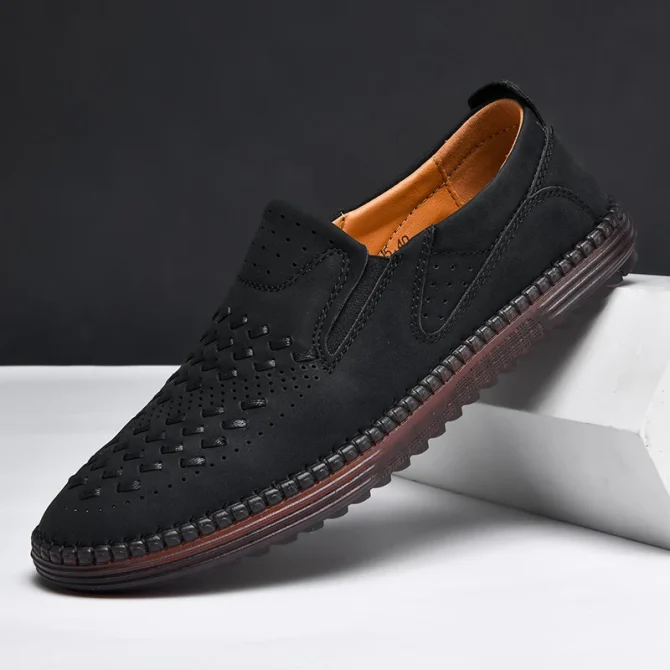 Handmade Leather Men Shoes Design Fashion Sneakers Slip On Loafers Summer Mesh Breathable Casual Shoes Men Driving Flat - Image 3