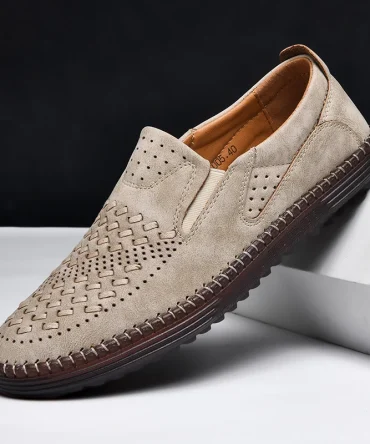 Handmade Leather Men Shoes Design Fashion Sneakers Slip On Loafers Summer Mesh Breathable Casual Shoes Men Driving Flat