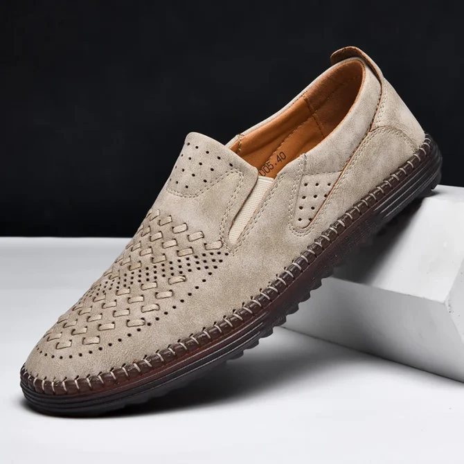 Handmade Leather Men Shoes Design Fashion Sneakers Slip On Loafers Summer Mesh Breathable Casual Shoes Men Driving Flat