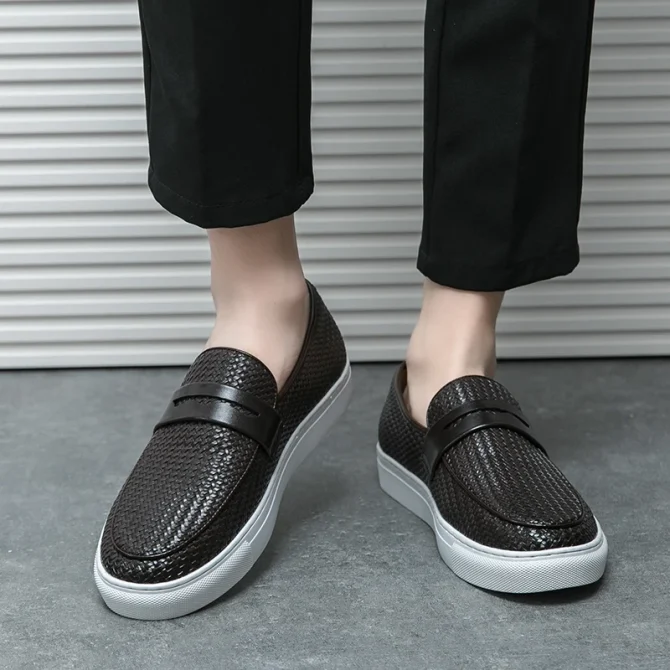 Fashion Slip On Loafers Men Shoes Board Soft Casual Leather Shoes Men Sneakers Party Weave Pattern Shoes - Image 4