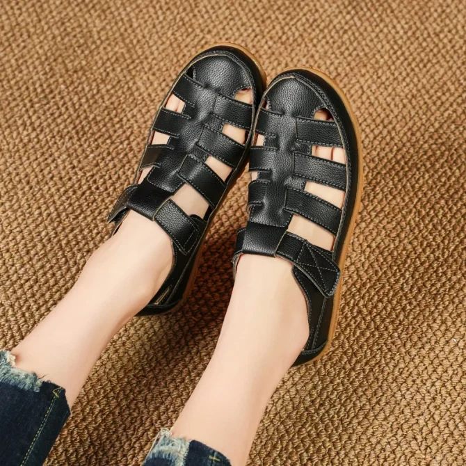 Plus Size Summer Women Sandals Solid Color Light Open-Toe Breathable Flats Non-Slip Soft Leather Walking - Image 5