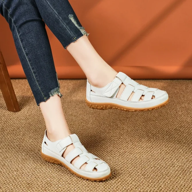Plus Size Summer Women Sandals Solid Color Light Open-Toe Breathable Flats Non-Slip Soft Leather Walking - Image 4