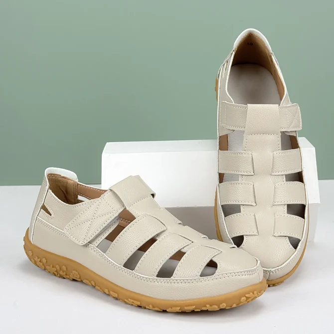 Plus Size Summer Women Sandals Solid Color Light Open-Toe Breathable Flats Non-Slip Soft Leather Walking - Image 2